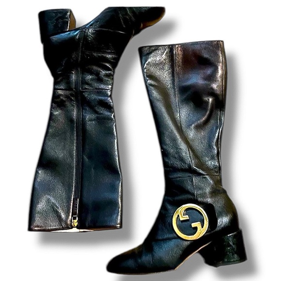 GUCCI AUTH Black Leather Signature Gold Tone Logo Boots Knee High SZ 37 - Picture 1 of 7